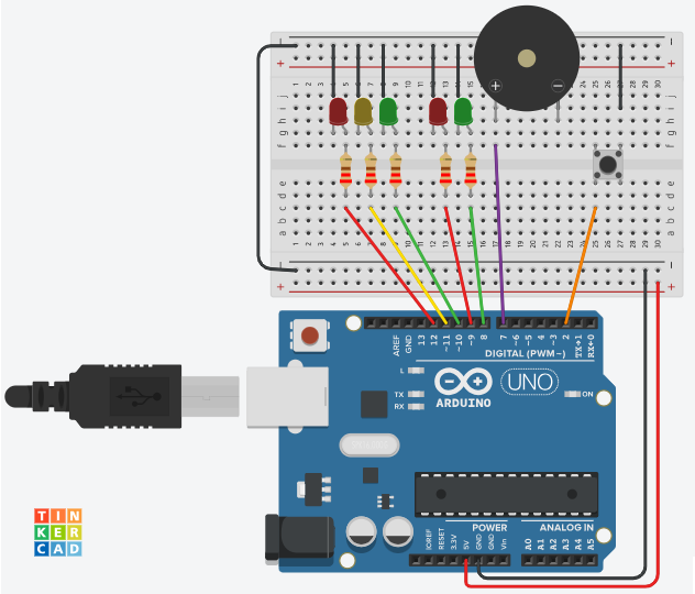 Diagrama de conexión del semáforo inclusivo con buzzer y botón